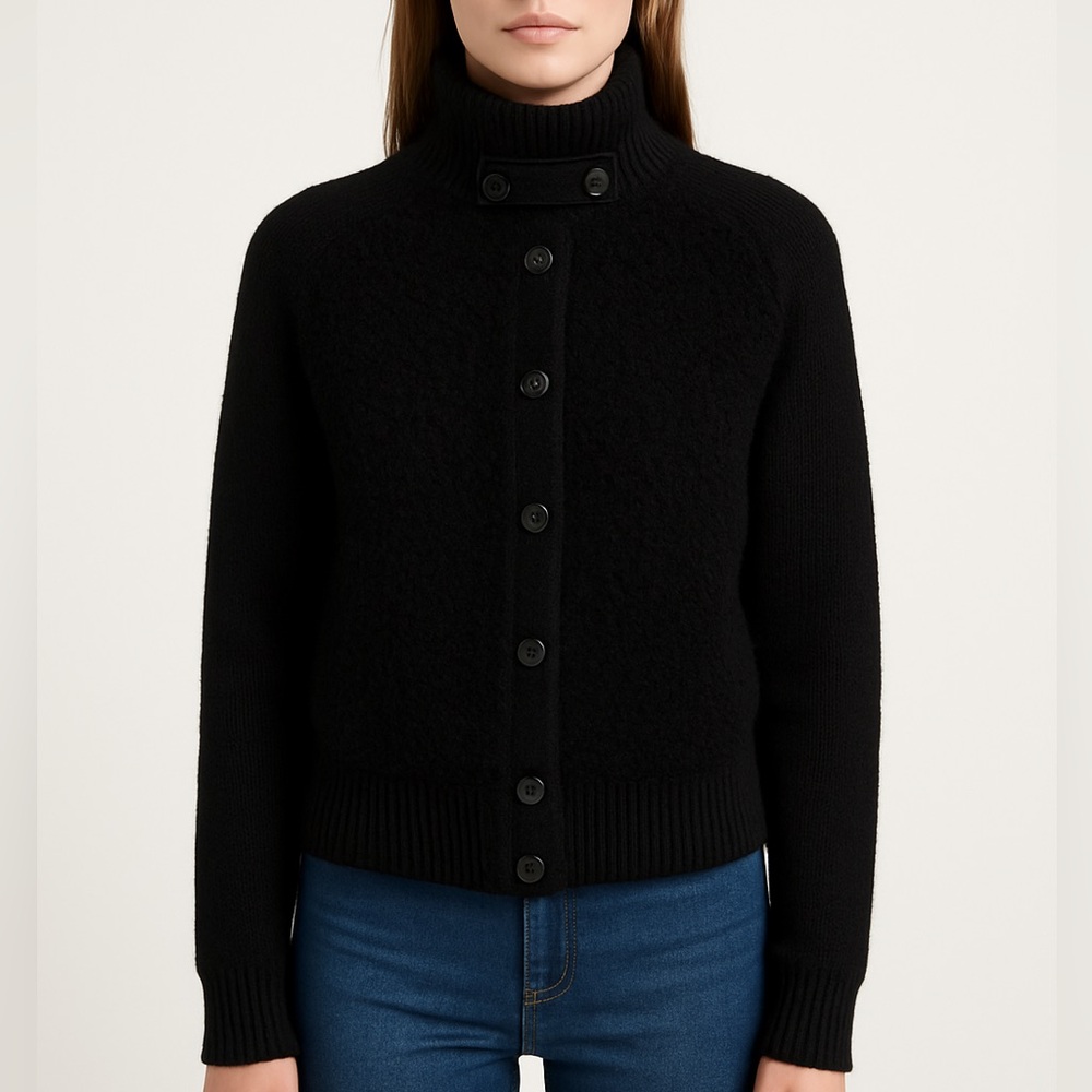 DKNY Wool Alpaca Boucle Teddy Cardigan Size M Black Sweater Weather Buttons